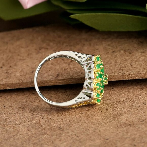 Luxury Two Tone 925 Silver Emerald Ring - Picture 3 of 4
